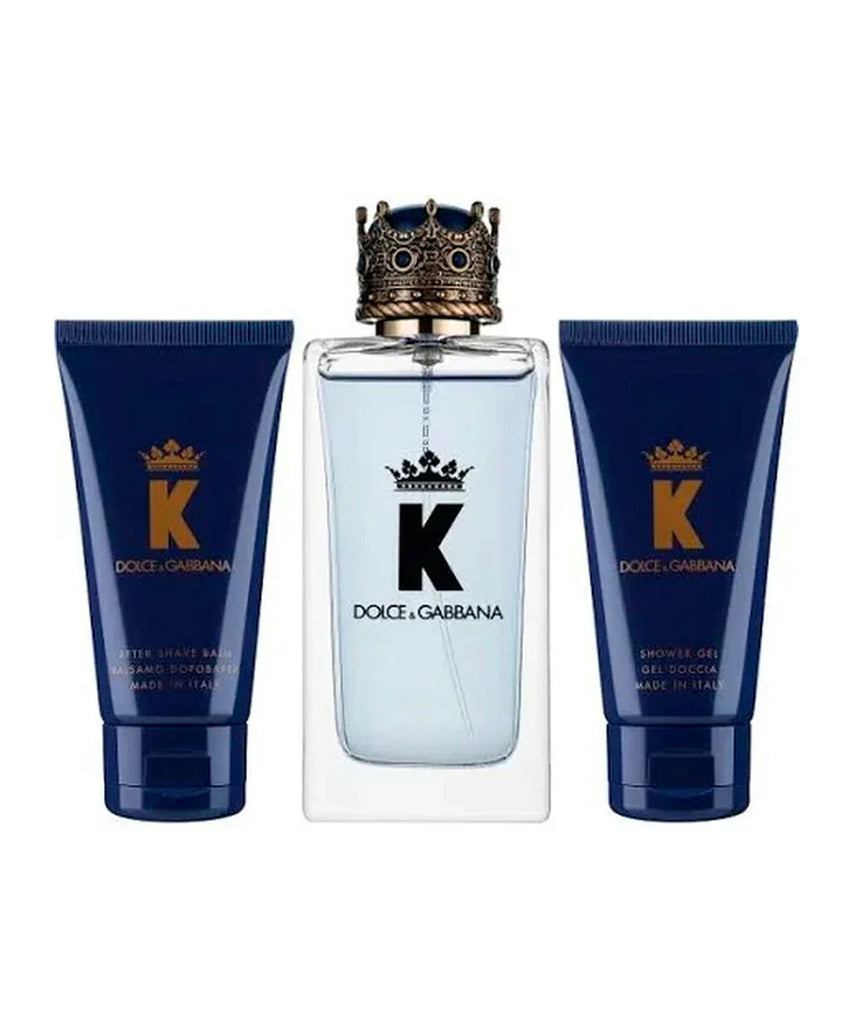 K 3-Piece Gift Set featuring 3.3 oz. Eau de Toilette, 1.7 oz. Aftershave, and 1.7 oz. Shower Gel.