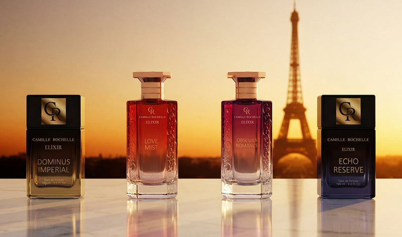 Four Camille Rochelle perfume bottles against a sunset Paris skyline with the Eiffel Tower