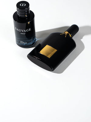 Dior Sauvage and Tom Ford Black Orchid perfumes on a white background, highlighting luxury fragrance picks.