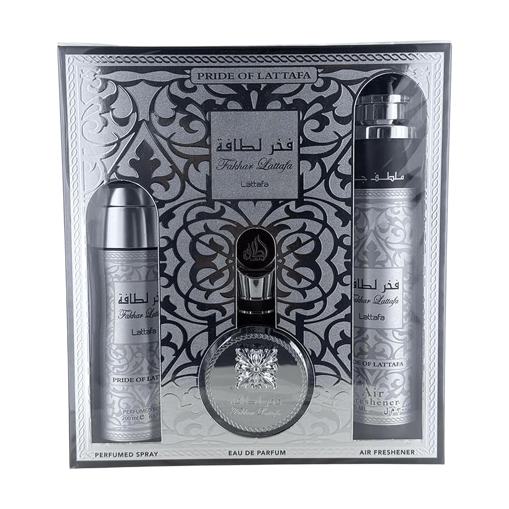 Fakhar 3-Piece Gift Set with 3.4 oz. Eau de Parfum, 6.7 oz Body Spray, and 10.0 Air Freshener