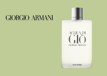 Acqua di Giò by Giorgio Armani — a minimalist frosted glass bottle with silver cap, showcased on a soft green background with bold black branding. 3