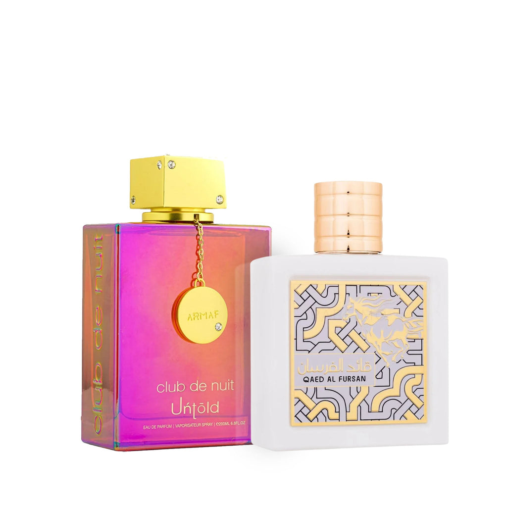 This bundle includes Qaed al Fursan Unlimited Eau de Parfum 3.04 oz. by Lattafa and Club de Nuit Untold Eau de Parfum 3.6 oz. by Armaf.