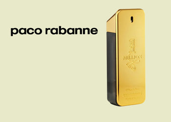 Paco Rabanne 1 Million cologne in its signature gold bar bottle design, featured on a light beige-green background with clean branding. 6