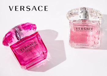 Versace Bright Crystal and Bright Crystal Absolu perfume bottles on a soft white background with elegant lighting and shadows. 1