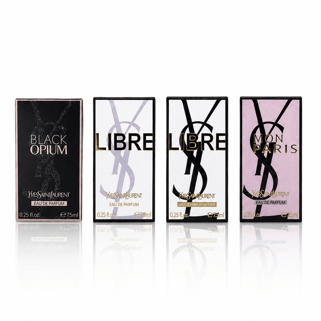 YSL 4-Piece Mini Gift Set with Black Opium EDP, Libre EDP, Libre Intense EDP, and Mon Paris EDP at 0.25 oz. each.