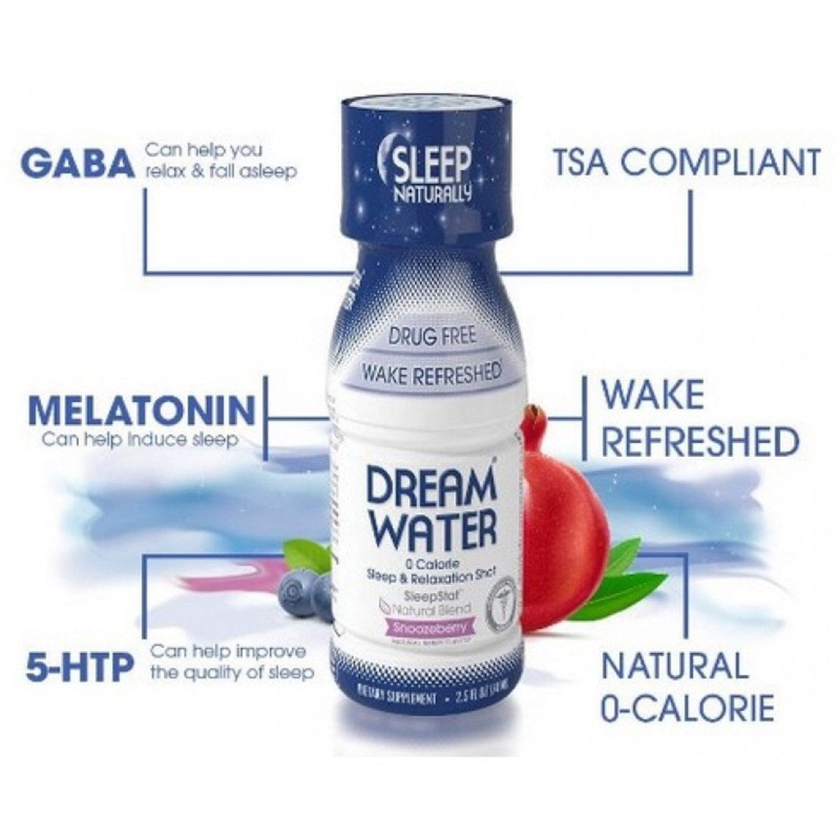 Dream Water Natural Sleep & Relaxation Aid Shot, 0 Calorie, GABA, MELATONIN, 5-HTP, 2.5oz Shot, Snoozeberry, 12 Value Pack, Product image 2