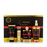 Le Femme 4-piece Gift Set with 3.4 oz. EDP, 3.4 oz. Body Lotion, 8.4 oz. Fragrance Body Spray, and 1.7 oz. Body Spray + Box.